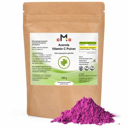 Acerola vitamina C, 100 g: busta marrone accanto a polvere rosa.
