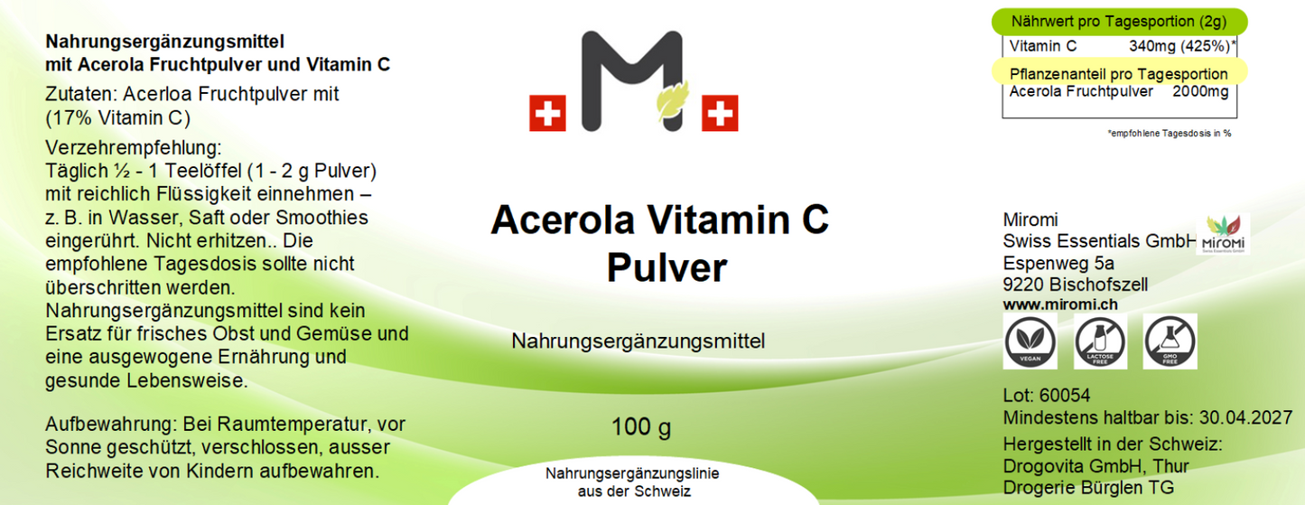 Acerola Vitamin C Pulver | MIROMI - Swiss Essentials GmbH
