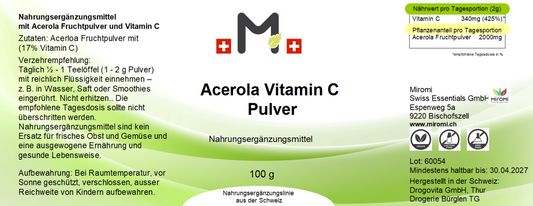 Acerola vitamina C, 100 g: etichetta con informazioni sul prodotto.