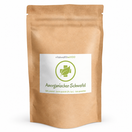 Anorganischer Schwefel 99,9 % Ph. Eur. 500 g – Produktverpackung, Vorderseite auf weissem Hintergrund