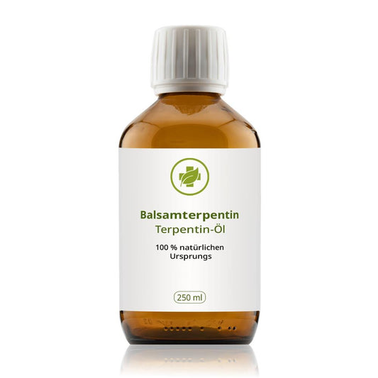 Essenza di trementina, 250 ml: flacone in vetro marrone con tappo a vite bianco.