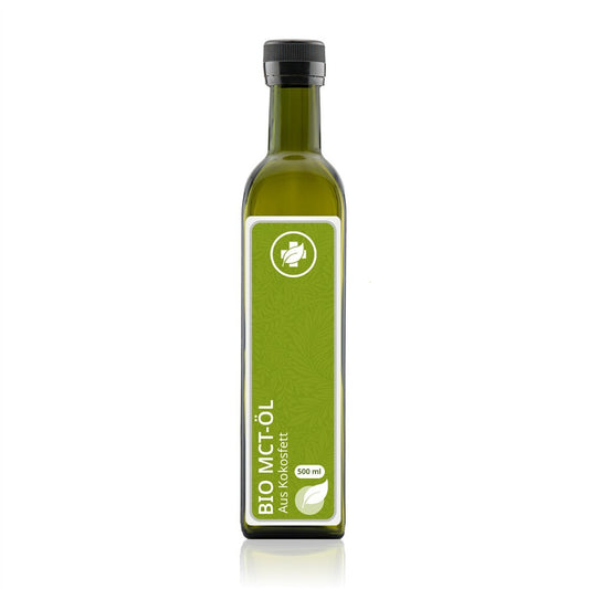 MCT bio, 500 ml: bottiglia in vetro scuro con tappo dorato.