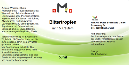 Bittertropfen – Rückseite mit Etikette und Inhaltsstoffen | MIROMI - Swiss Essentials GmbH