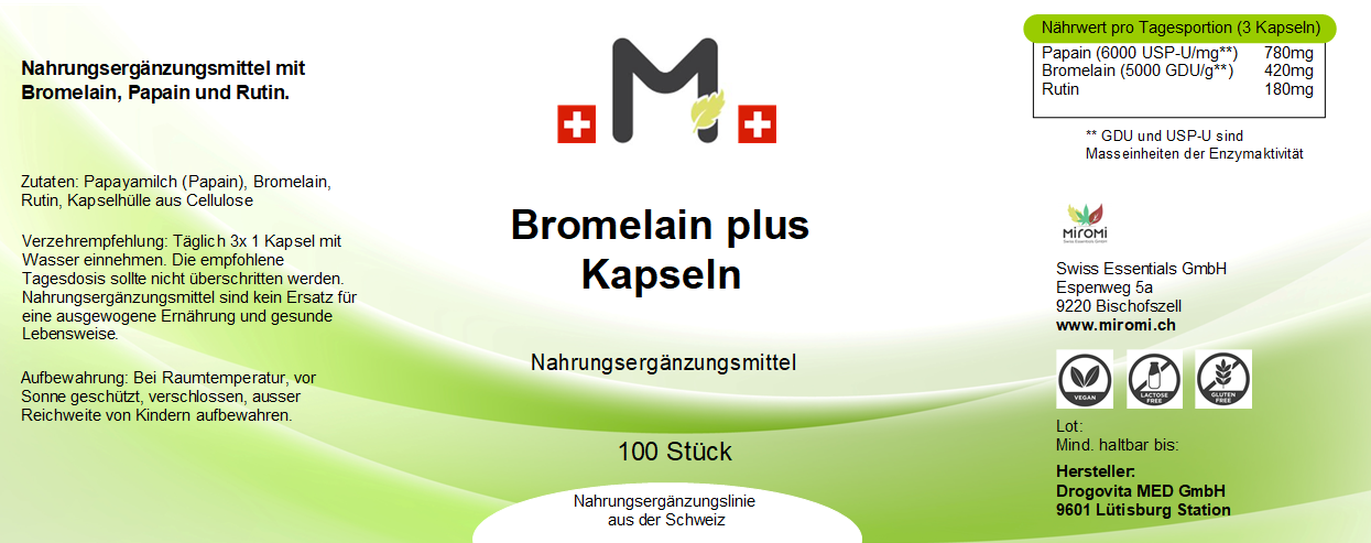 Bromelain plus Kapseln 100 Stück – Rückseite mit Etikette und Inhaltsstoffen | MIROMI - Swiss Essentials GmbH