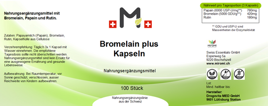 Bromelain plus Kapseln 100 Stück – Rückseite mit Etikette und Inhaltsstoffen | MIROMI - Swiss Essentials GmbH