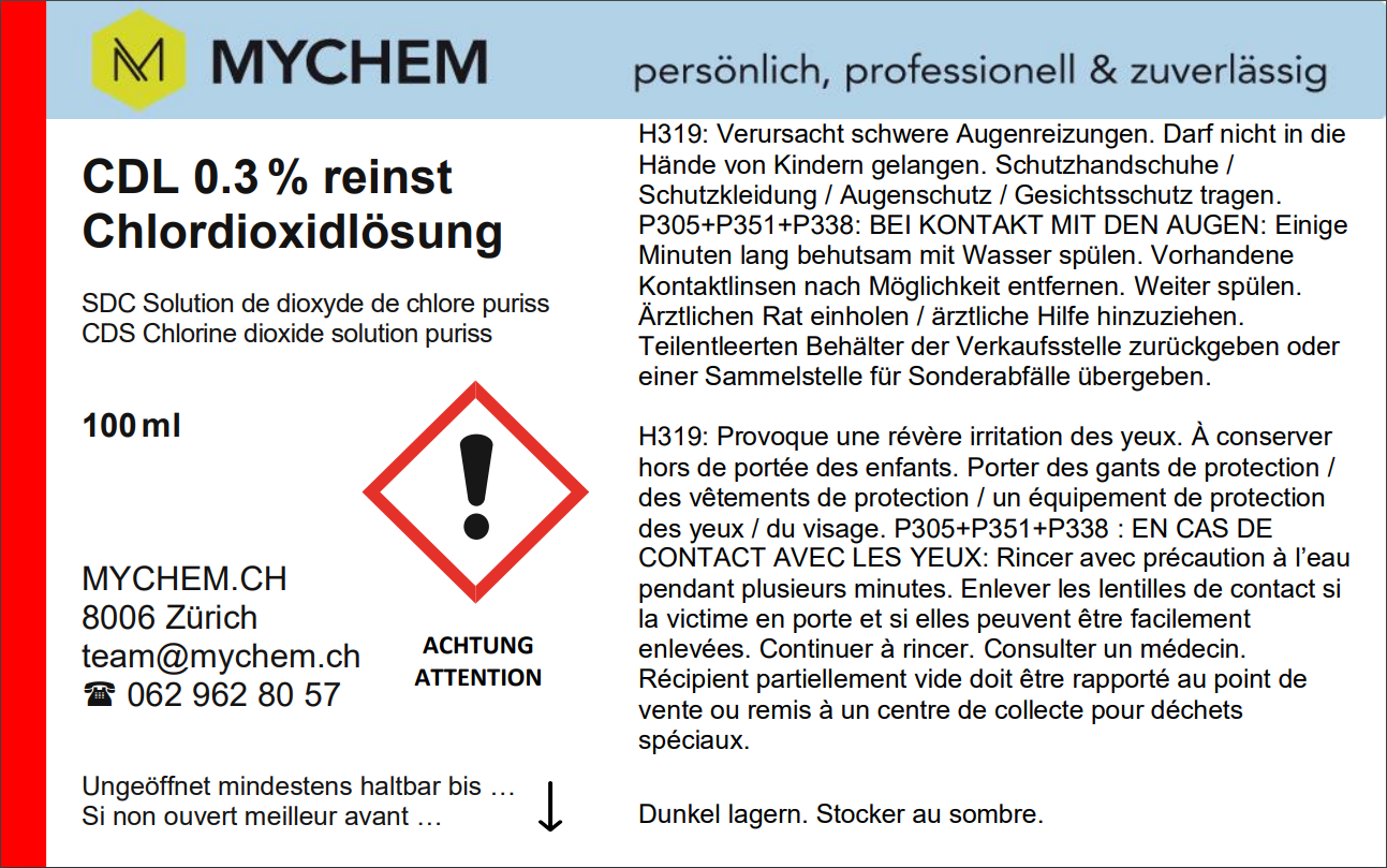 MYCHEM CDL 0,3 %, 100 ml: Etikett mit Produktangaben und Warnhinweisen.