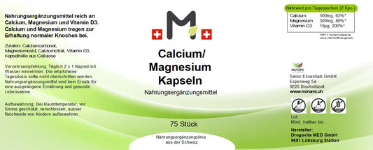 Calcium / Magnesium plus Kapseln 75 Stk – Rückseite mit Etikette und Inhaltsstoffen | MIROMI - Swiss Essentials GmbH