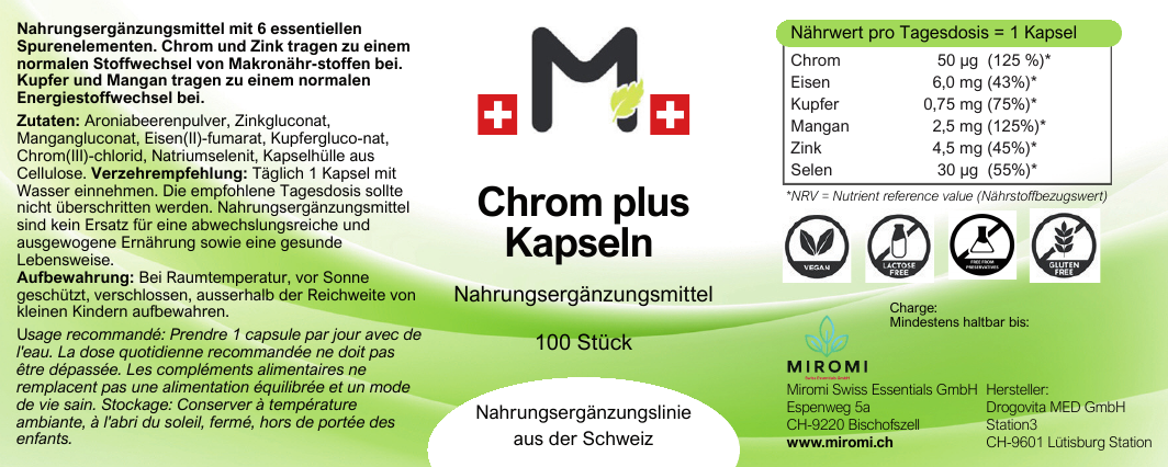 Chrom plus Kapseln – MIROMI Etikett mit Zutaten, Verzehrempfehlung und Nährwerten
