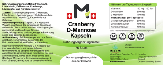 Capsule Cranberry D-mannosio – etichetta MIROMI con ingredienti, modalità d’uso e valori nutrizionali