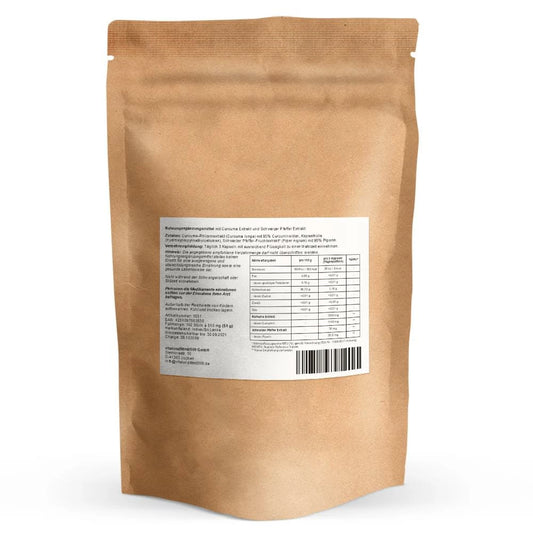 Curcumin + Piperin Extrakt Kapseln 100 Stück à 380 mg – Rückseite mit Etikette und Inhaltsstoffen | MIROMI - Swiss Essentials GmbH