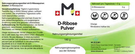 Polvere di D-ribosio – etichetta MIROMI con ingredienti, modalità d’uso e valori nutrizionali