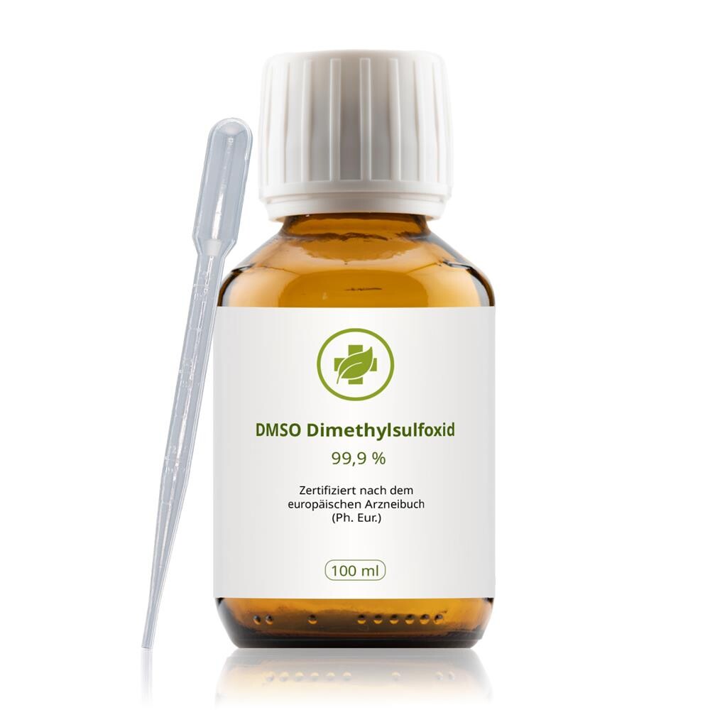 DMSO 99,9 %, 100 ml: flacone marrone, tappo bianco e pipetta separata.
