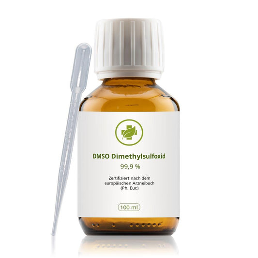 DMSO 99,9 %, 100 ml: flacone marrone, tappo bianco e pipetta separata.