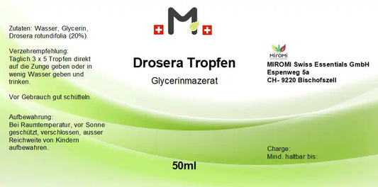 Drosera Tropfen – Rückseite mit Etikette und Inhaltsstoffen | MIROMI - Swiss Essentials GmbH