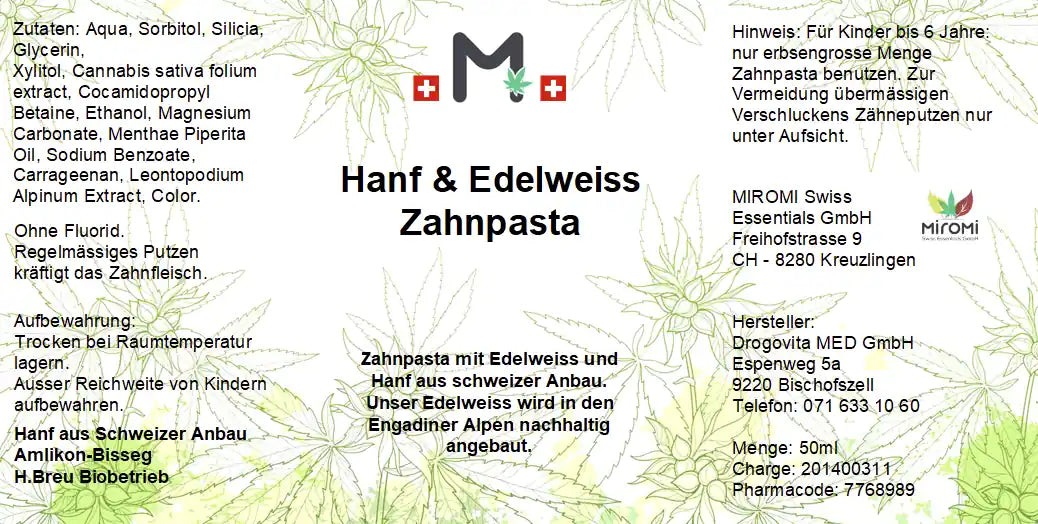 Edelweiss Zahnpasta ohne Fluoride – Rückseite mit Etikette und Inhaltsstoffen | MIROMI - Swiss Essentials GmbH