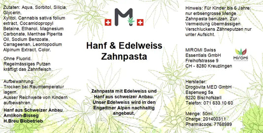 Edelweiss Zahnpasta ohne Fluoride – Rückseite mit Etikette und Inhaltsstoffen | MIROMI - Swiss Essentials GmbH