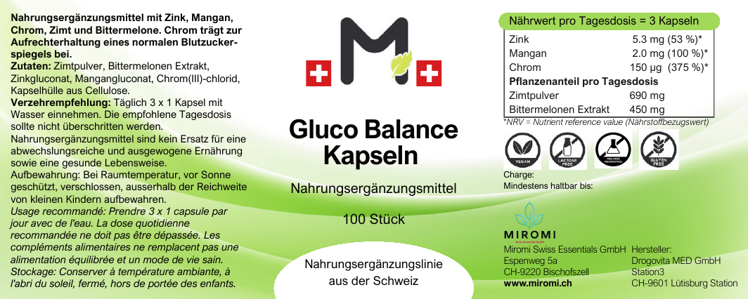 Capsule Gluco Balance – etichetta MIROMI con ingredienti, modalità d’uso e valori nutrizionali