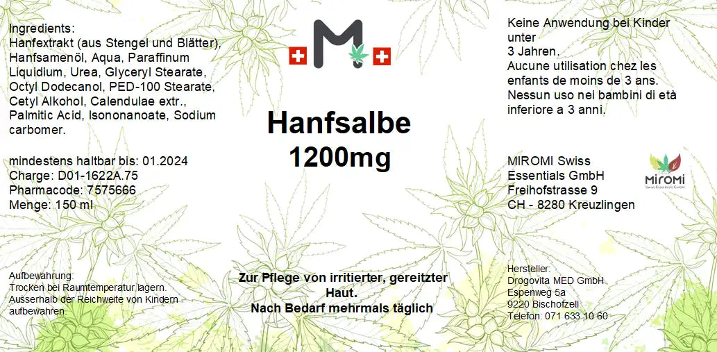 MIROMI Hanfsalbe, 1200 mg: Etikett mit Produktangaben.