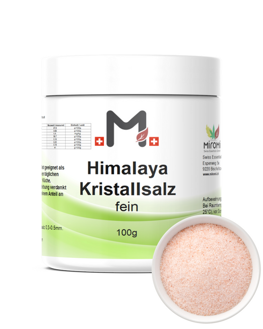 MIROMI sale cristallino dell’Himalaya, 100 g: barattolo accanto a sale rosa.