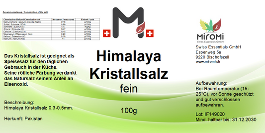 Himalaya Kristallsalz fein gemahlen 100g – Rückseite mit Etikette und Inhaltsstoffen | MIROMI - Swiss Essentials GmbH