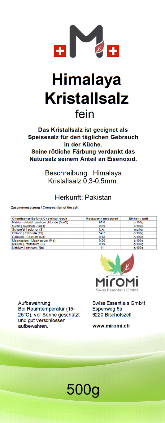Himalaya Kristallsalz fein gemahlen 500g – Rückseite mit Etikette und Inhaltsstoffen | MIROMI - Swiss Essentials GmbH