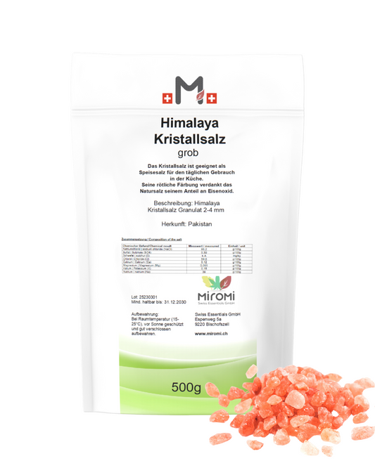MIROMI sale cristallino dell’Himalaya, 500 g: busta bianca accanto a sale rosa grosso.