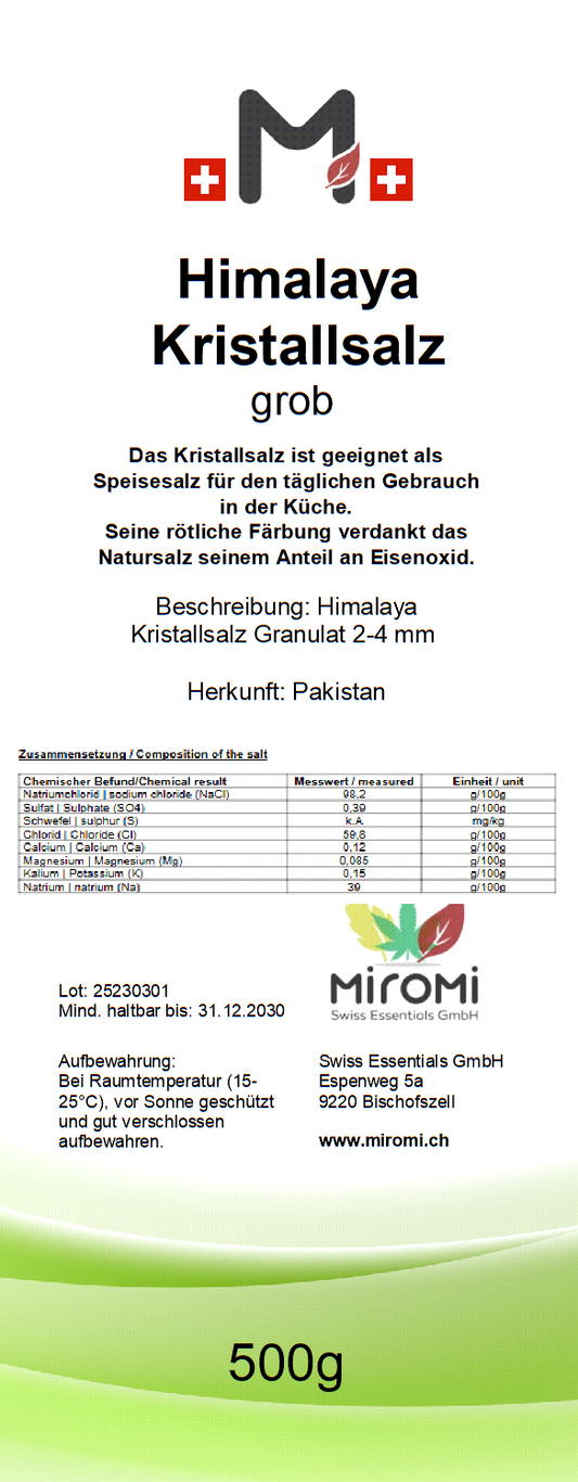 Himalaya Kristallsalz grob 500g – Rückseite mit Etikette und Inhaltsstoffen | MIROMI - Swiss Essentials GmbH