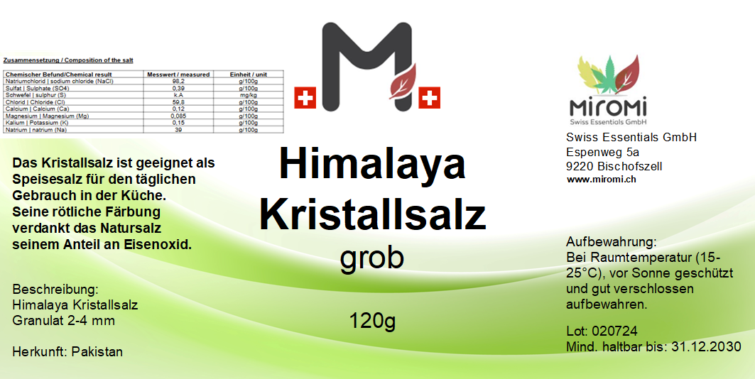 MIROMI Himalaya Kristallsalz, 120 g: Etikett mit Produktangaben.