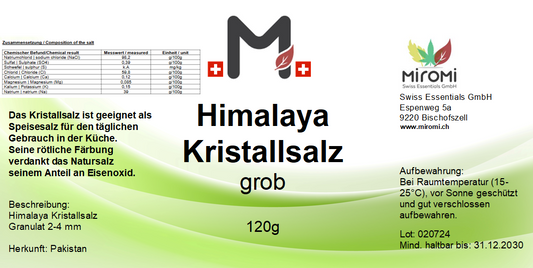 Himalaya Kristallsalz grob in Salzmühle – 120 g – Rückseite mit Etikette und Inhaltsstoffen | MIROMI - Swiss Essentials GmbH