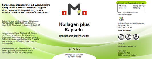 Kollagen Plus Kapseln – Rückseite mit Etikette und Inhaltsstoffen | MIROMI - Swiss Essentials GmbH