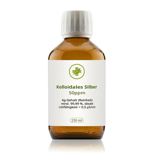 Argento colloidale, 50 ppm, 250 ml: flacone in vetro marrone con tappo a vite bianco.