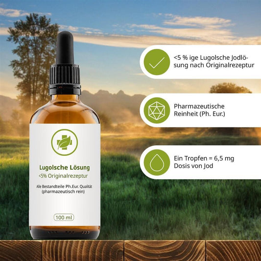 Lugolsche Jodlösung Original (Jod / Iodine) <5% 100 ml Pharmaqualität Braunglas mit Pipette kaufen | MIROMI Schweiz