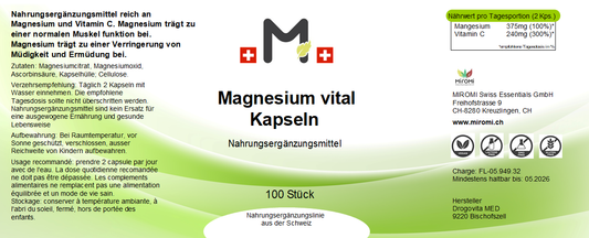 Magnesium vital Kapseln – Rückseite mit Etikette und Inhaltsstoffen | MIROMI - Swiss Essentials GmbH