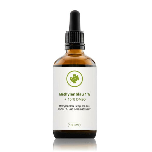 Blu di metilene 1 % DMSO 10 %, 100 ml: flacone contagocce marrone con tappo nero.