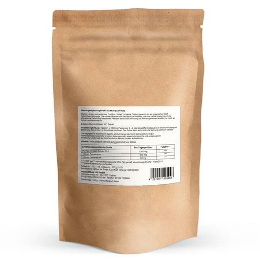 Mumijo (Shilajit) 10:1 Extrakt Pulver 100 g – Rückseite mit Etikette und Inhaltsstoffen | MIROMI - Swiss Essentials GmbH