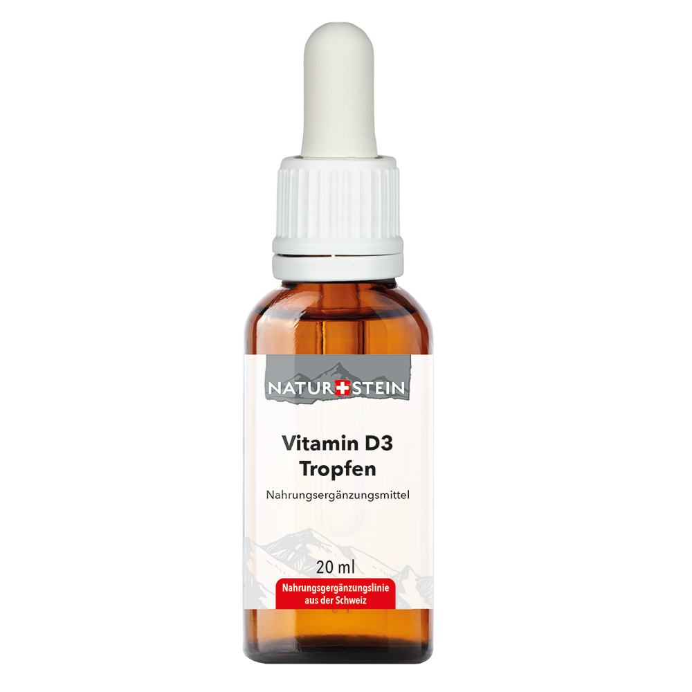 Naturstein Vitamin D3 Tropfen – 20ml – Rückseite mit Etikette und Inhaltsstoffen | MIROMI - Swiss Essentials GmbH