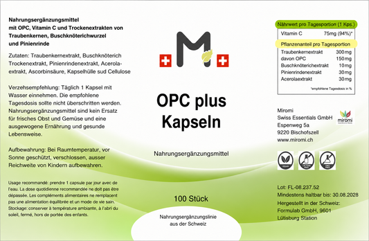 MIROMI OPC plus, 100 pezzi: etichetta con informazioni sul prodotto.