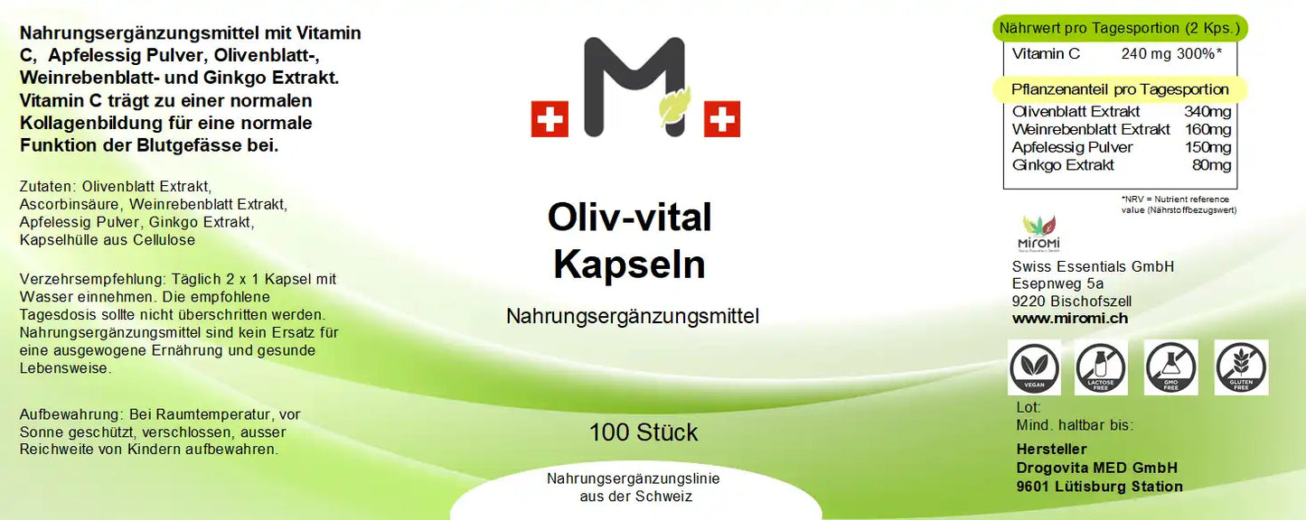 MIROMI Oliv-vital, 100 pièces: étiquette avec les informations produit.