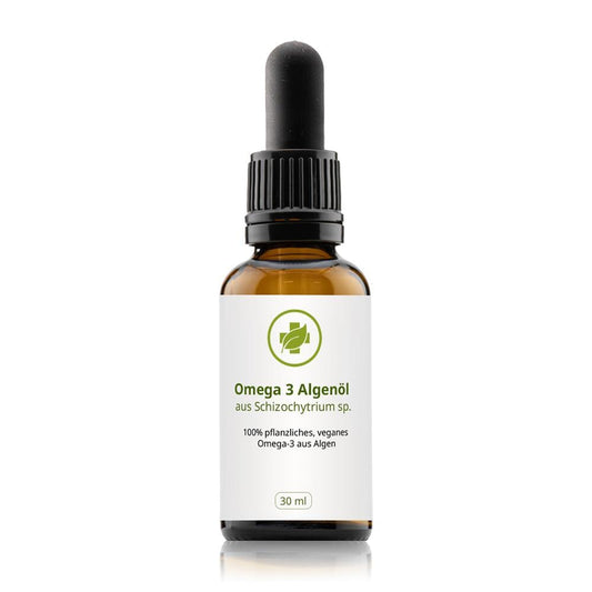 Olio di alghe omega-3, 30 ml: flacone contagocce marrone con tappo nero.