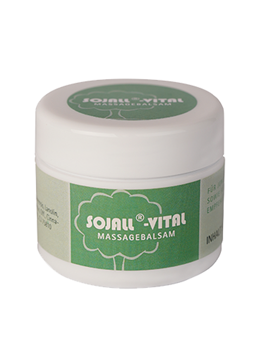 SOJALL Vital balsamo da massaggio, 50 ml: vasetto bianco e verde.
