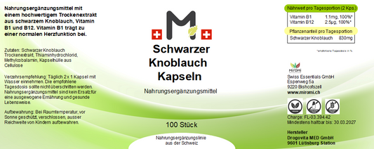Schwarzer Knoblauch Kapseln – Rückseite mit Etikette und Inhaltsstoffen | MIROMI - Swiss Essentials GmbH