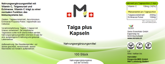 Taiga Echinacea plus Kapseln - 100 Stk. – Rückseite mit Etikette und Inhaltsstoffen | MIROMI - Swiss Essentials GmbH