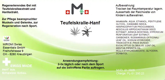 Teufelskralle Gel mit Hanf – Rückseite mit Etikette und Inhaltsstoffen | MIROMI - Swiss Essentials GmbH