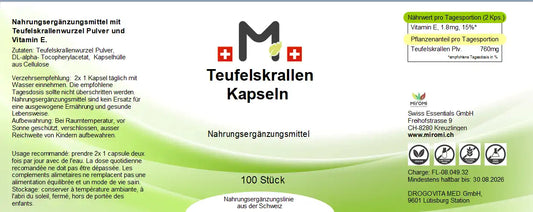 Teufelskrallen Kapseln – Rückseite mit Etikette und Inhaltsstoffen | MIROMI - Swiss Essentials GmbH