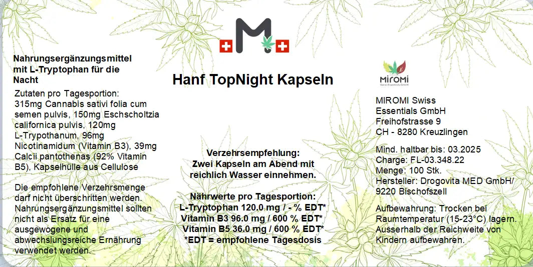 Top Night Kapseln – Rückseite mit Etikette und Inhaltsstoffen | MIROMI - Swiss Essentials GmbH