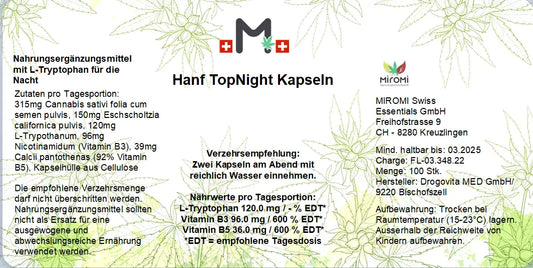 Top Night Kapseln – Rückseite mit Etikette und Inhaltsstoffen | MIROMI - Swiss Essentials GmbH