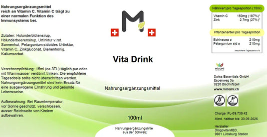 Vita Drink – Rückseite mit Etikette und Inhaltsstoffen | MIROMI - Swiss Essentials GmbH