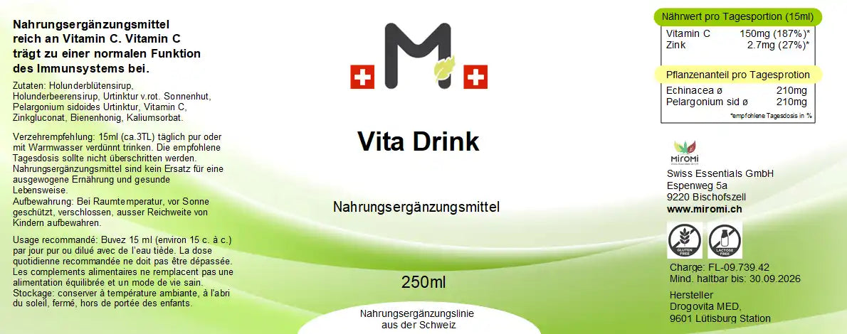 Vita Drink – Rückseite mit Etikette und Inhaltsstoffen | MIROMI - Swiss Essentials GmbH