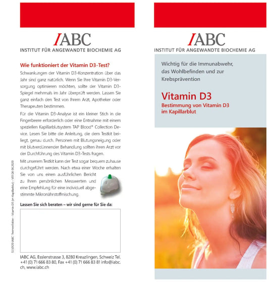 Vitamin D3-Test – Rückseite mit Etikette und Inhaltsstoffen | MIROMI - Swiss Essentials GmbH