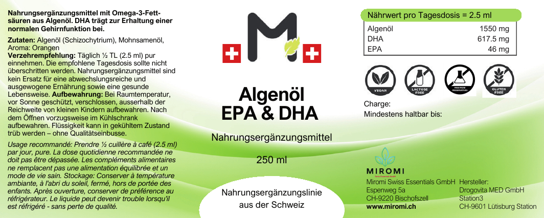 Algenöl EPA & DHA – MIROMI Etikett mit Zutaten, Verzehrempfehlung und Nährwerten